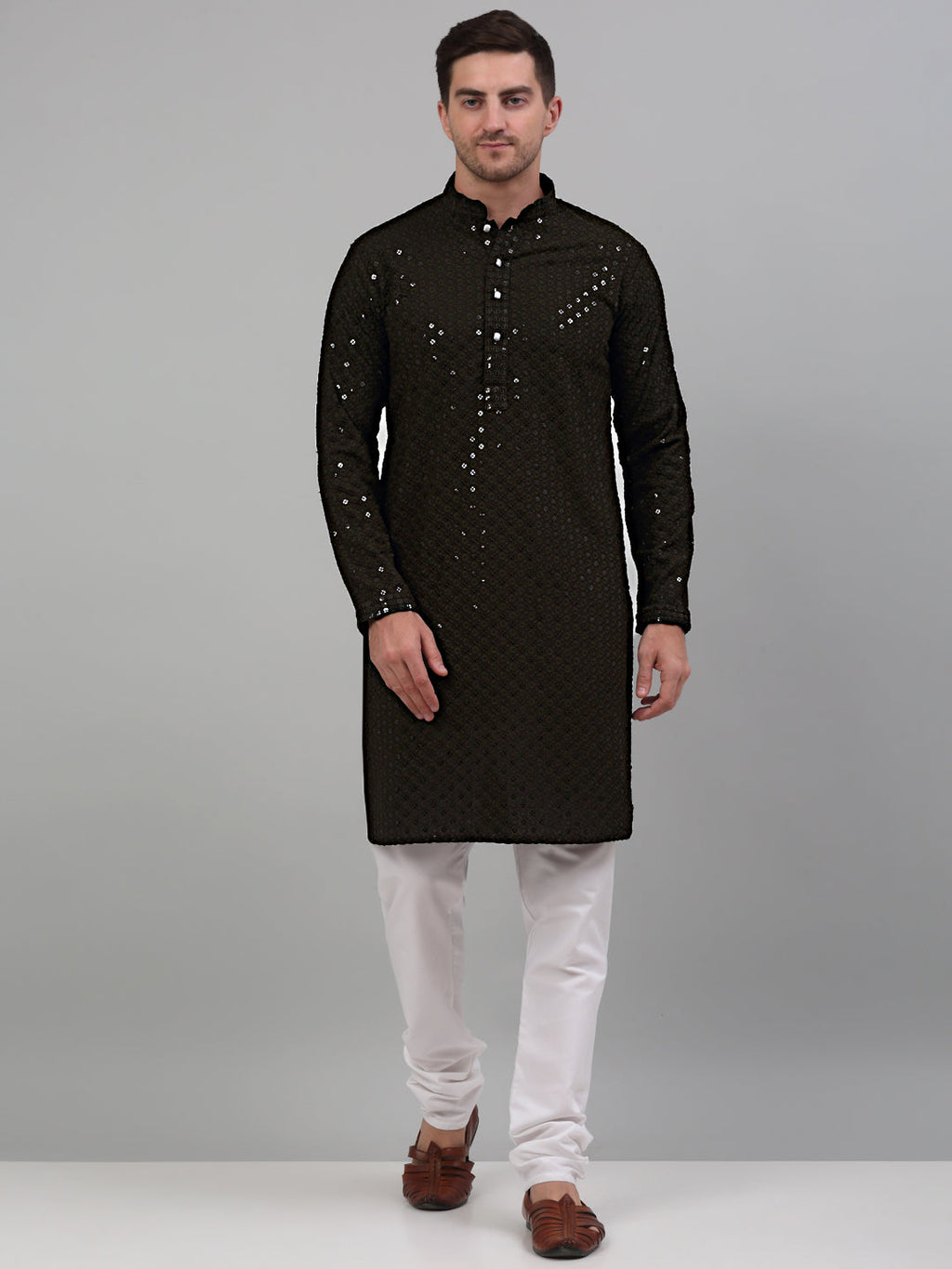 Jompers Men's Mehndi Green Chikankari Embroidered and Sequence Kurta Only