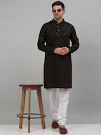 Jompers Men's Mehndi Green Chikankari Embroidered and Sequence Kurta Only
