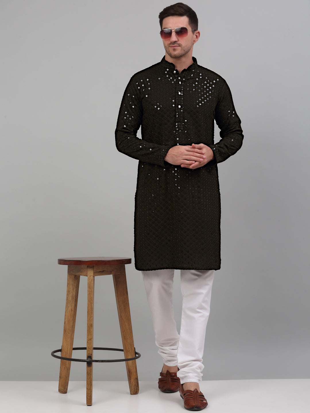 Jompers Men's Mehndi Green Chikankari Embroidered and Sequence Kurta Only