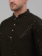 Jompers Men's Mehndi Green Chikankari Embroidered and Sequence Kurta Only