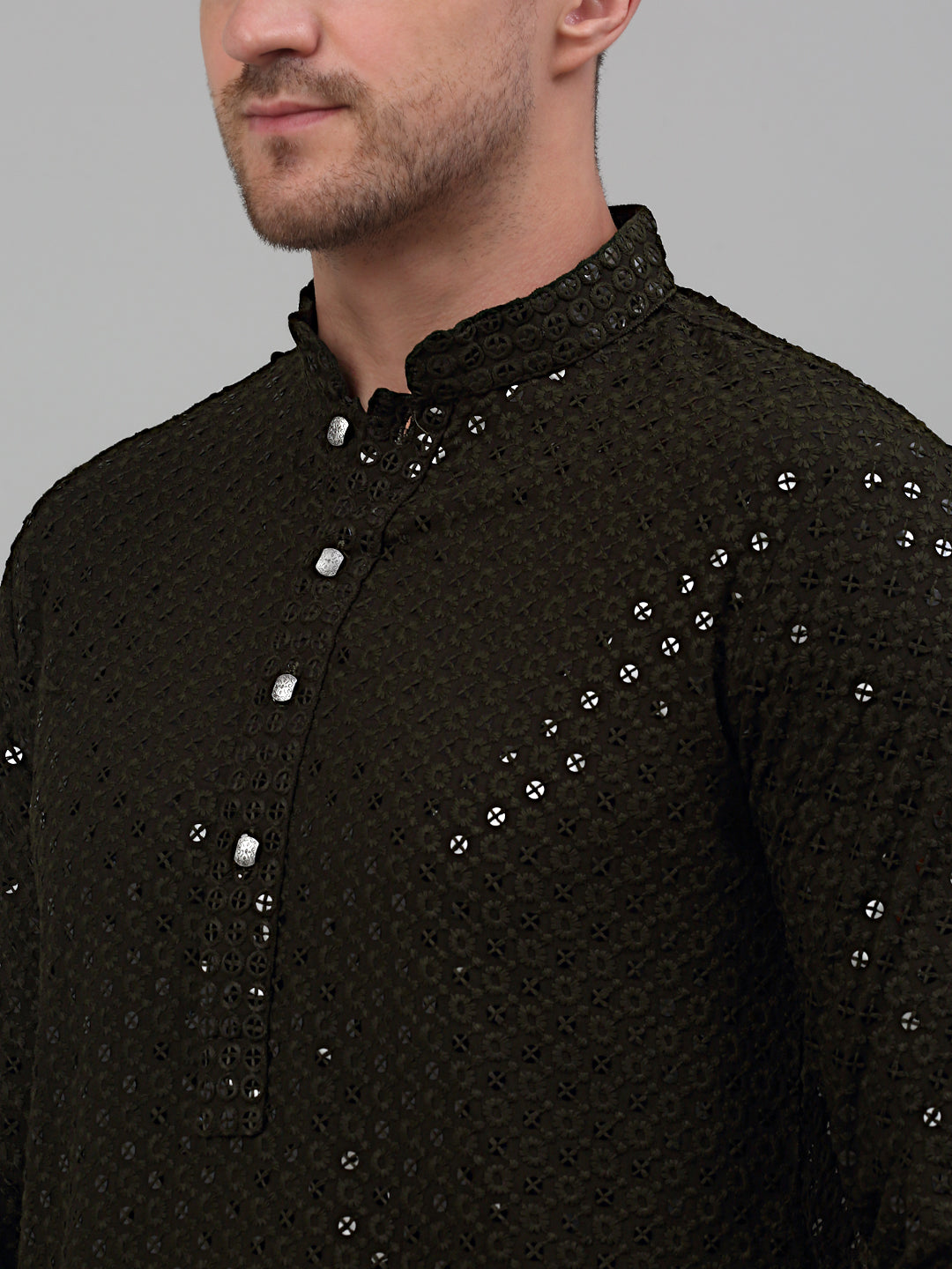 Jompers Men's Mehndi Green Chikankari Embroidered and Sequence Kurta Only