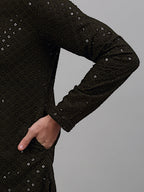 Jompers Men's Mehndi Green Chikankari Embroidered and Sequence Kurta Only