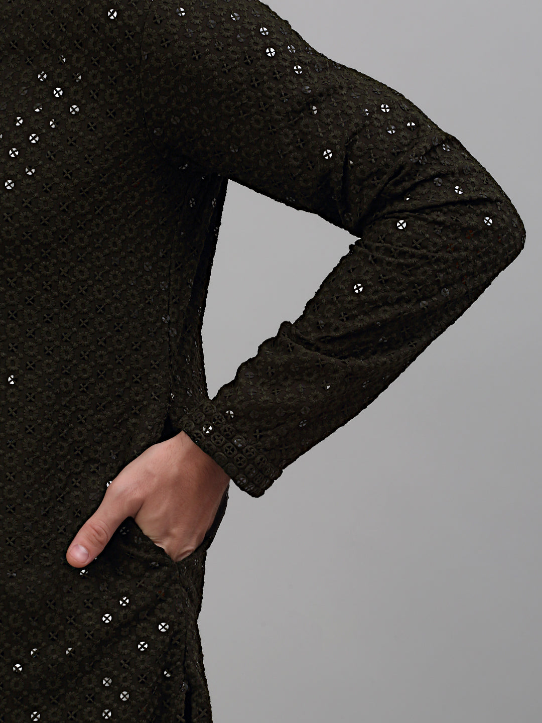 Jompers Men's Mehndi Green Chikankari Embroidered and Sequence Kurta Only