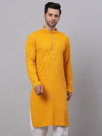 Jompers Men's Mustard Chikankari Embroidered and Sequence Kurta Only