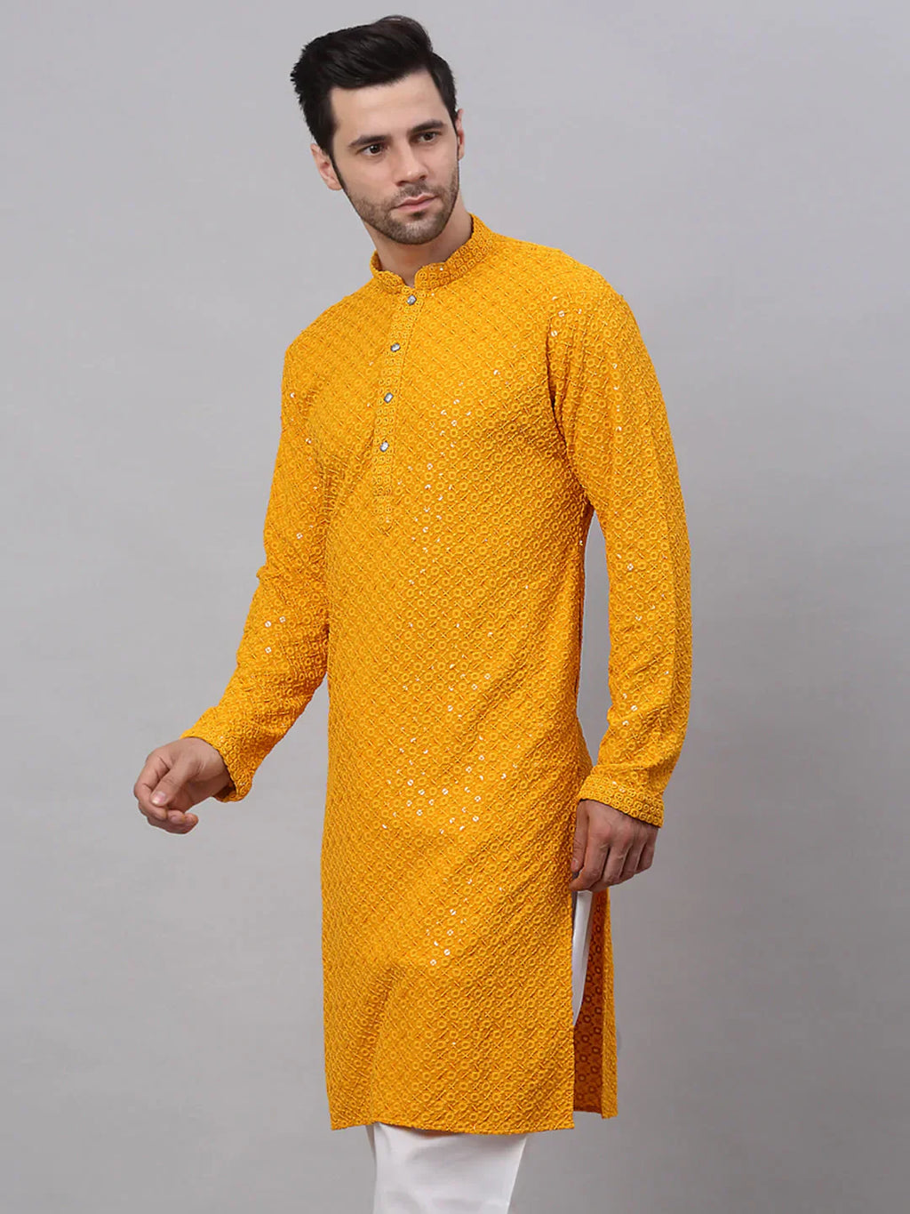 Jompers Men's Mustard Chikankari Embroidered and Sequence Kurta Only
