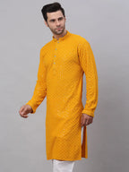 Jompers Men's Mustard Chikankari Embroidered and Sequence Kurta Only