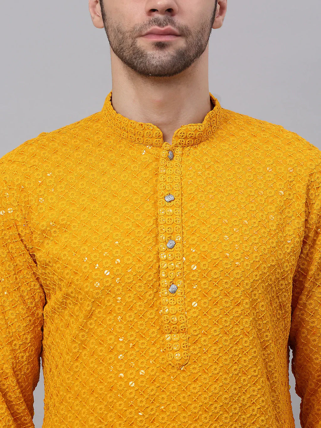 Jompers Men's Mustard Chikankari Embroidered and Sequence Kurta Only