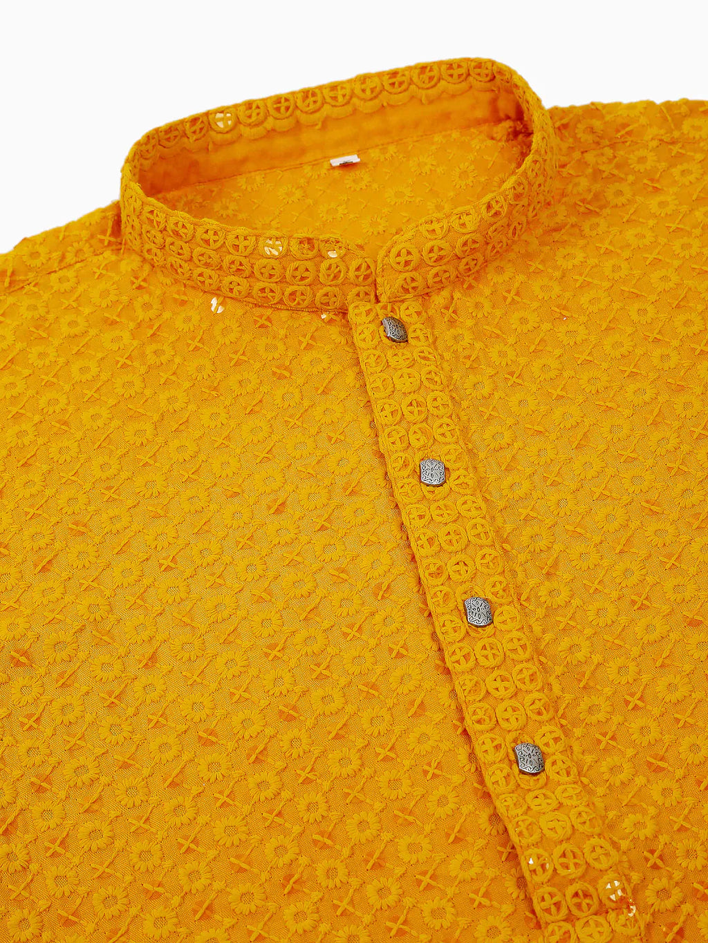 Jompers Men's Mustard Chikankari Embroidered and Sequence Kurta Only