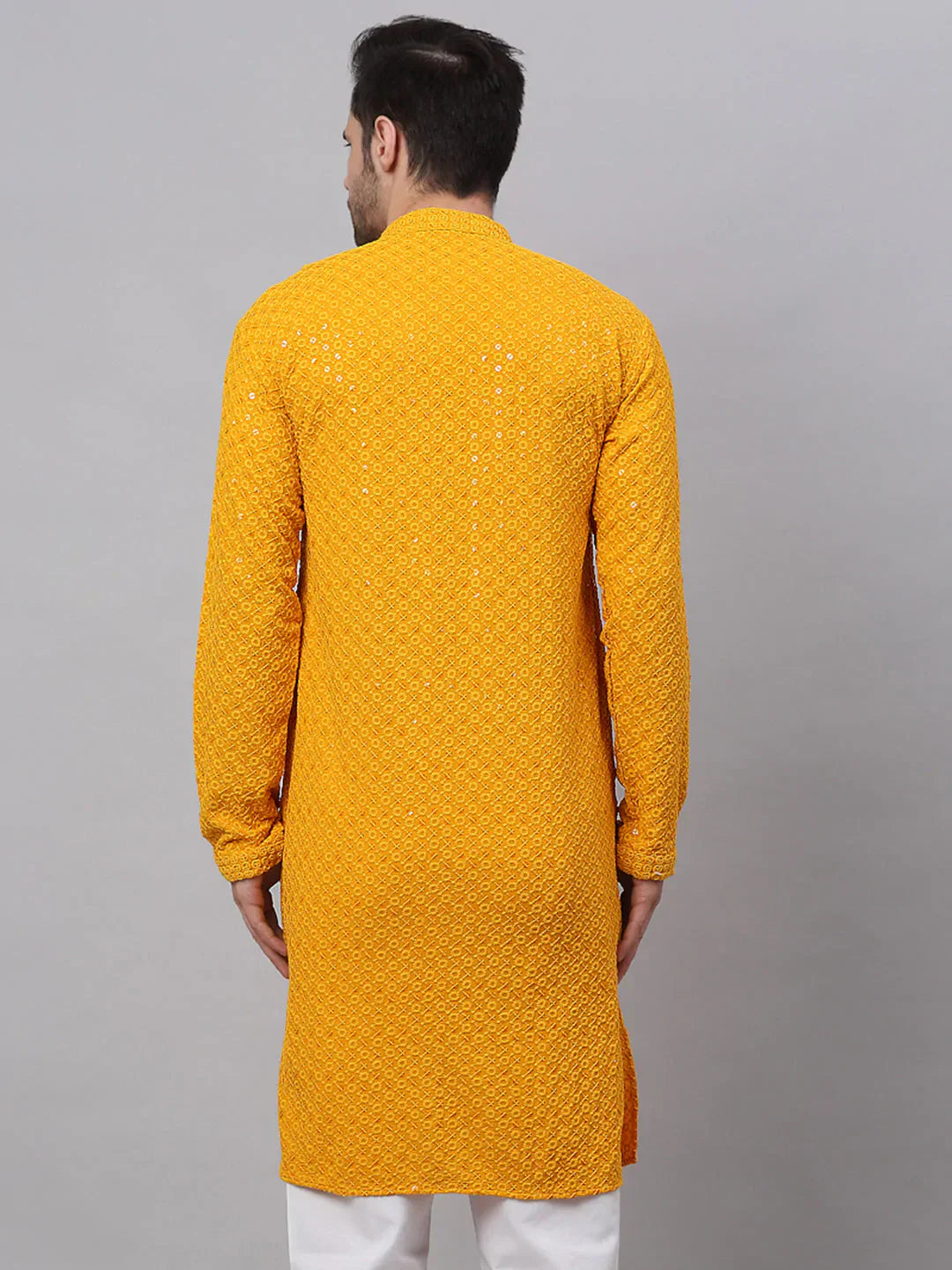Jompers Men's Mustard Chikankari Embroidered and Sequence Kurta Only