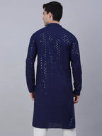 Jompers Men's Navy Blue Chikankari Embroidered and Sequence Kurta Only
