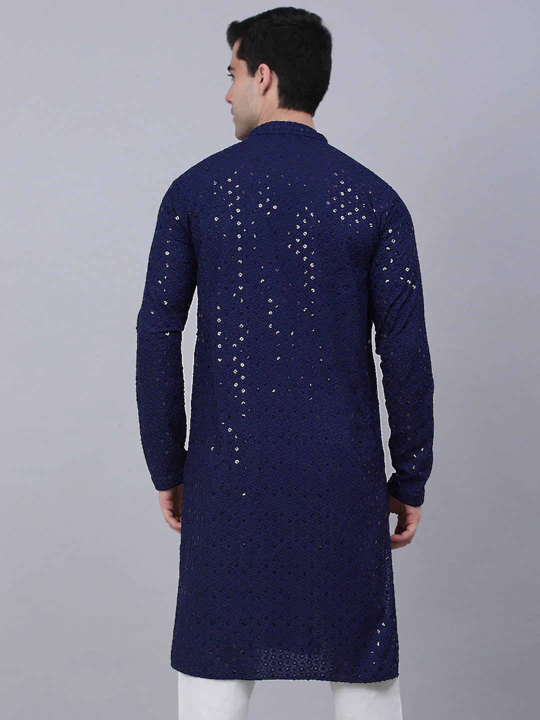 Jompers Men's Navy Blue Chikankari Embroidered and Sequence Kurta Only