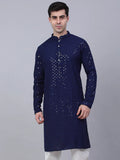 Jompers Men's Navy Blue Chikankari Embroidered and Sequence Kurta Only