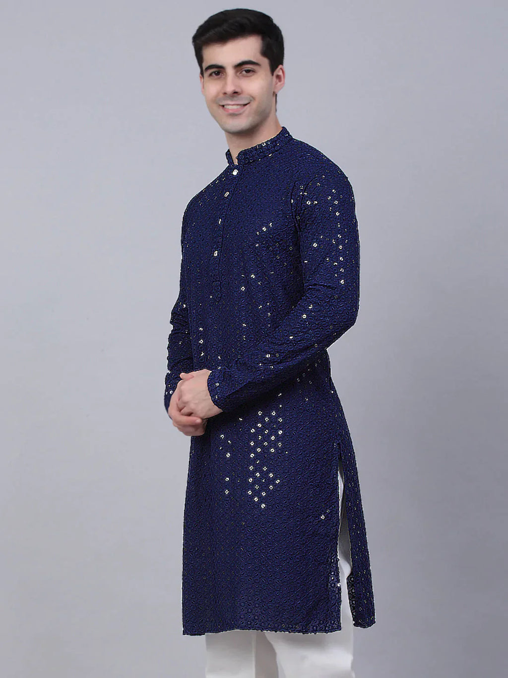Jompers Men's Navy Blue Chikankari Embroidered and Sequence Kurta Only