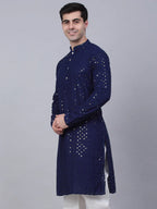 Jompers Men's Navy Blue Chikankari Embroidered and Sequence Kurta Only