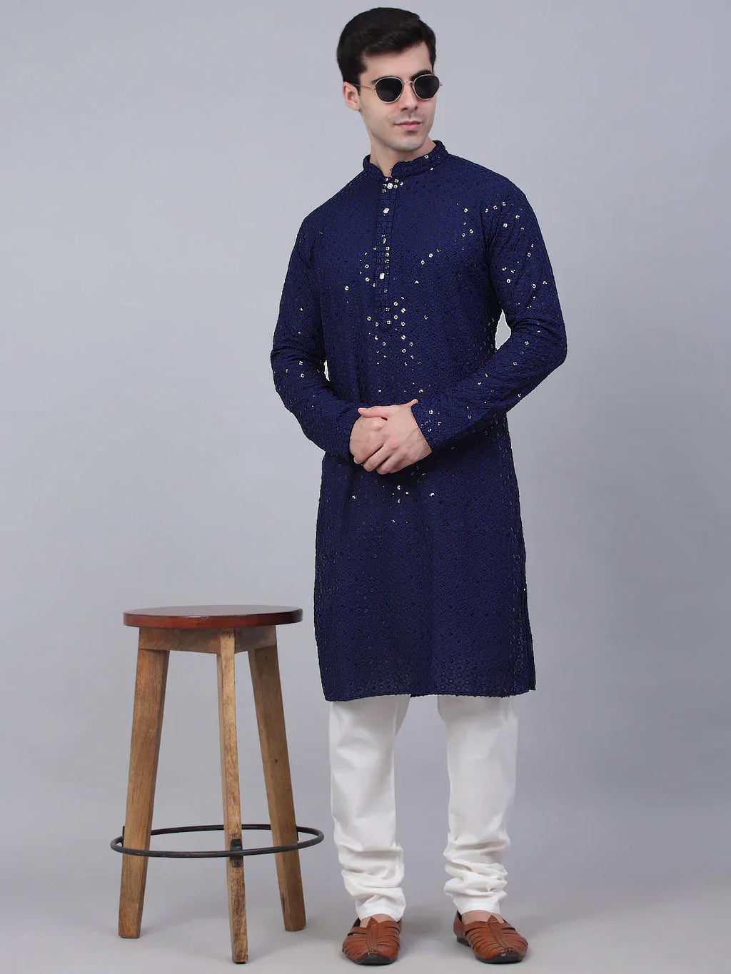 Jompers Men's Navy Blue Chikankari Embroidered and Sequence Kurta Only