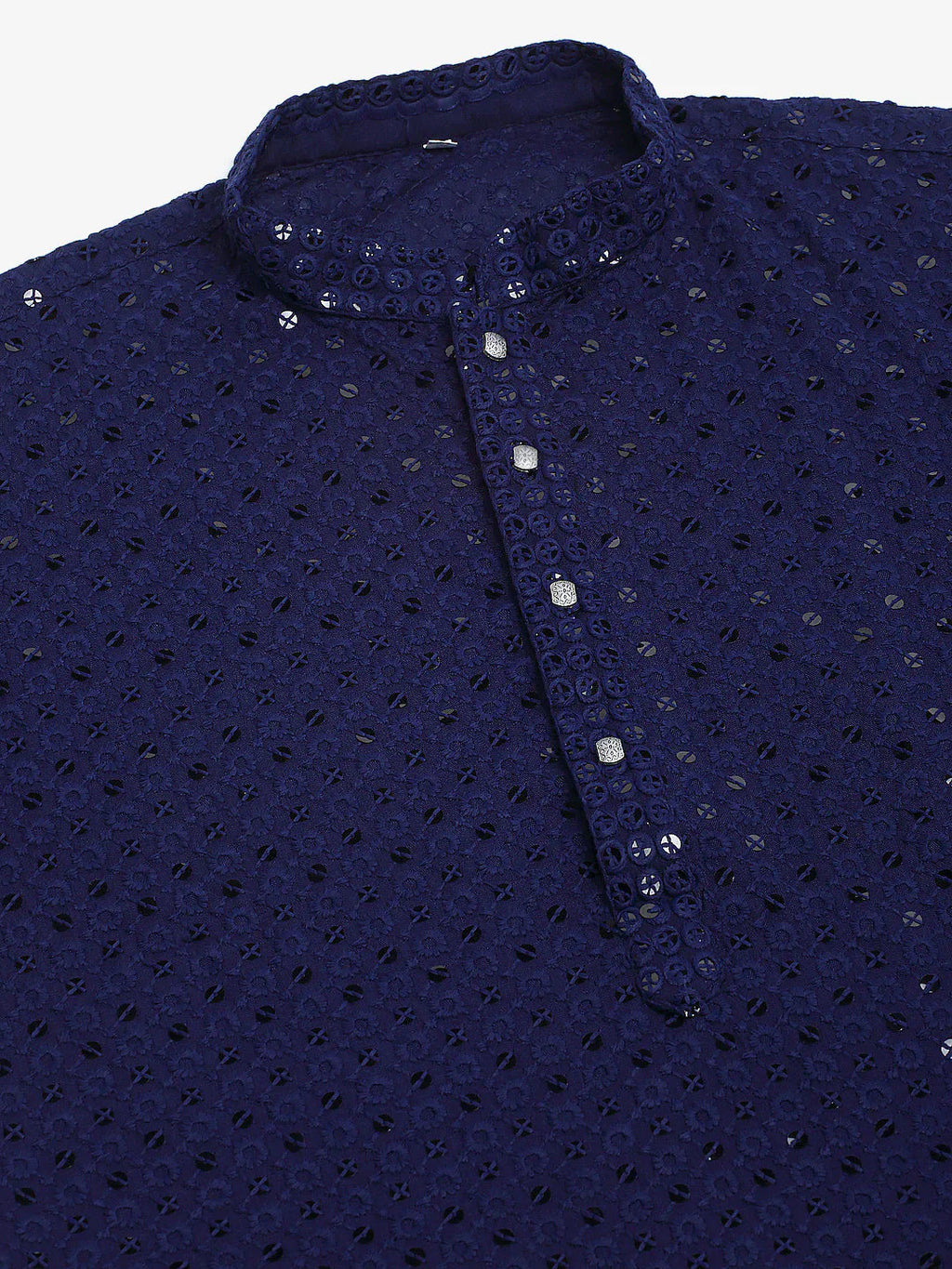 Jompers Men's Navy Blue Chikankari Embroidered and Sequence Kurta Only