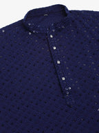 Jompers Men's Navy Blue Chikankari Embroidered and Sequence Kurta Only
