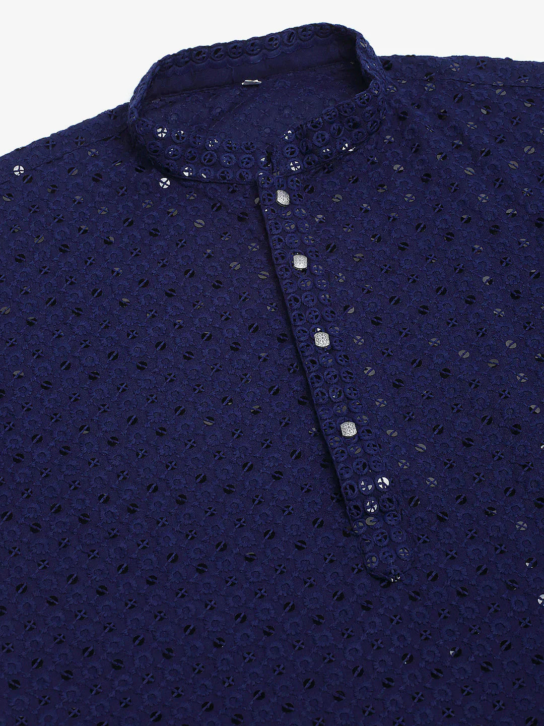 Jompers Men's Navy Blue Chikankari Embroidered and Sequence Kurta Only