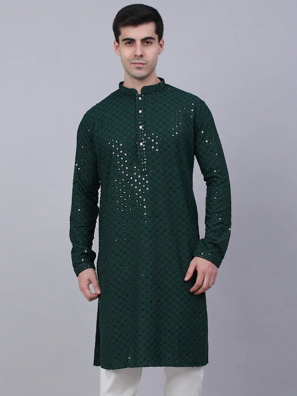 Jompers Men's Olive Green Chikankari Embroidered and Sequence Kurta Only