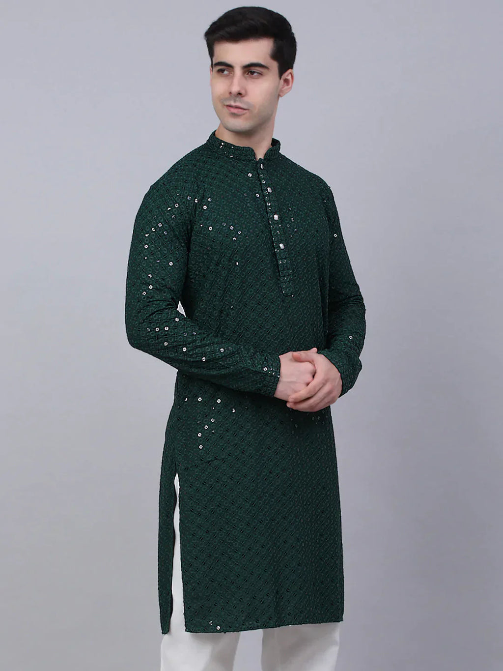 Jompers Men's Olive Green Chikankari Embroidered and Sequence Kurta Only