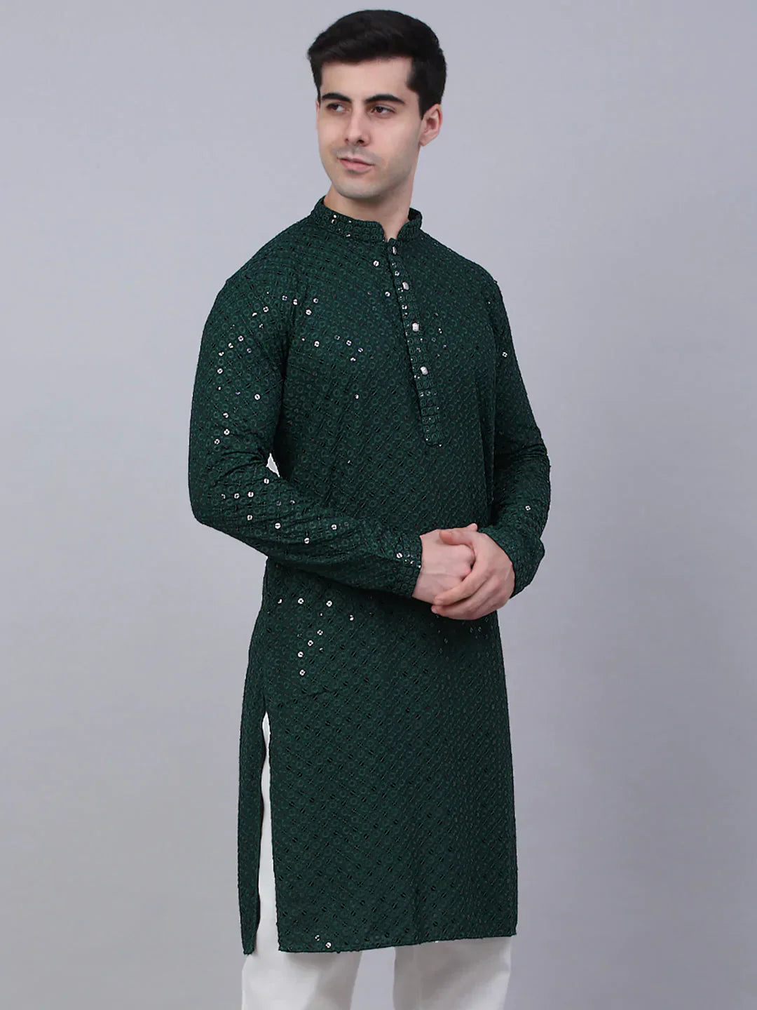 Jompers Men's Olive Green Chikankari Embroidered and Sequence Kurta Only