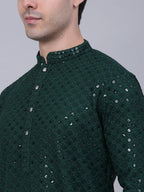 Jompers Men's Olive Green Chikankari Embroidered and Sequence Kurta Only