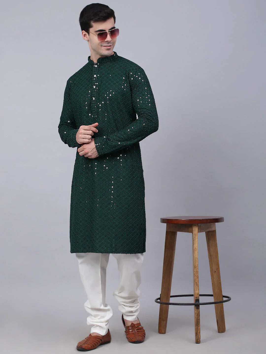 Jompers Men's Olive Green Chikankari Embroidered and Sequence Kurta Only