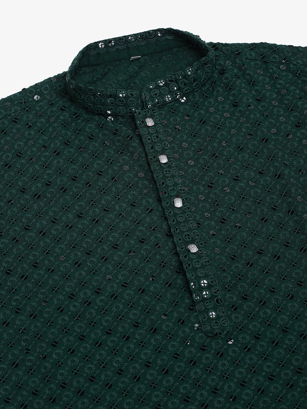 Jompers Men's Olive Green Chikankari Embroidered and Sequence Kurta Only