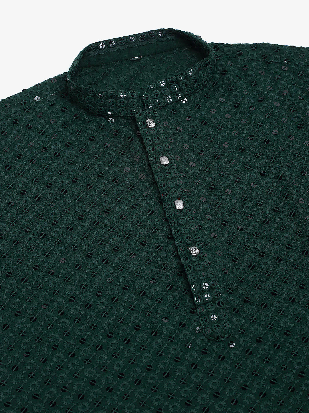 Jompers Men's Olive Green Chikankari Embroidered and Sequence Kurta Only