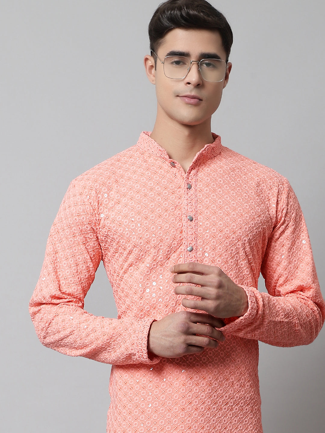 Jompers Men's Peach Chikankari Embroidered and Sequence Kurta