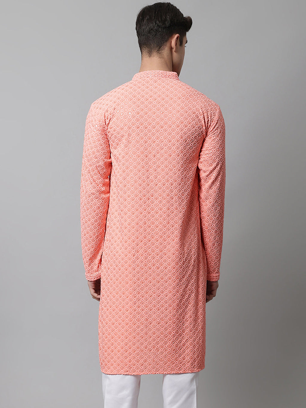 Jompers Men's Peach Chikankari Embroidered and Sequence Kurta