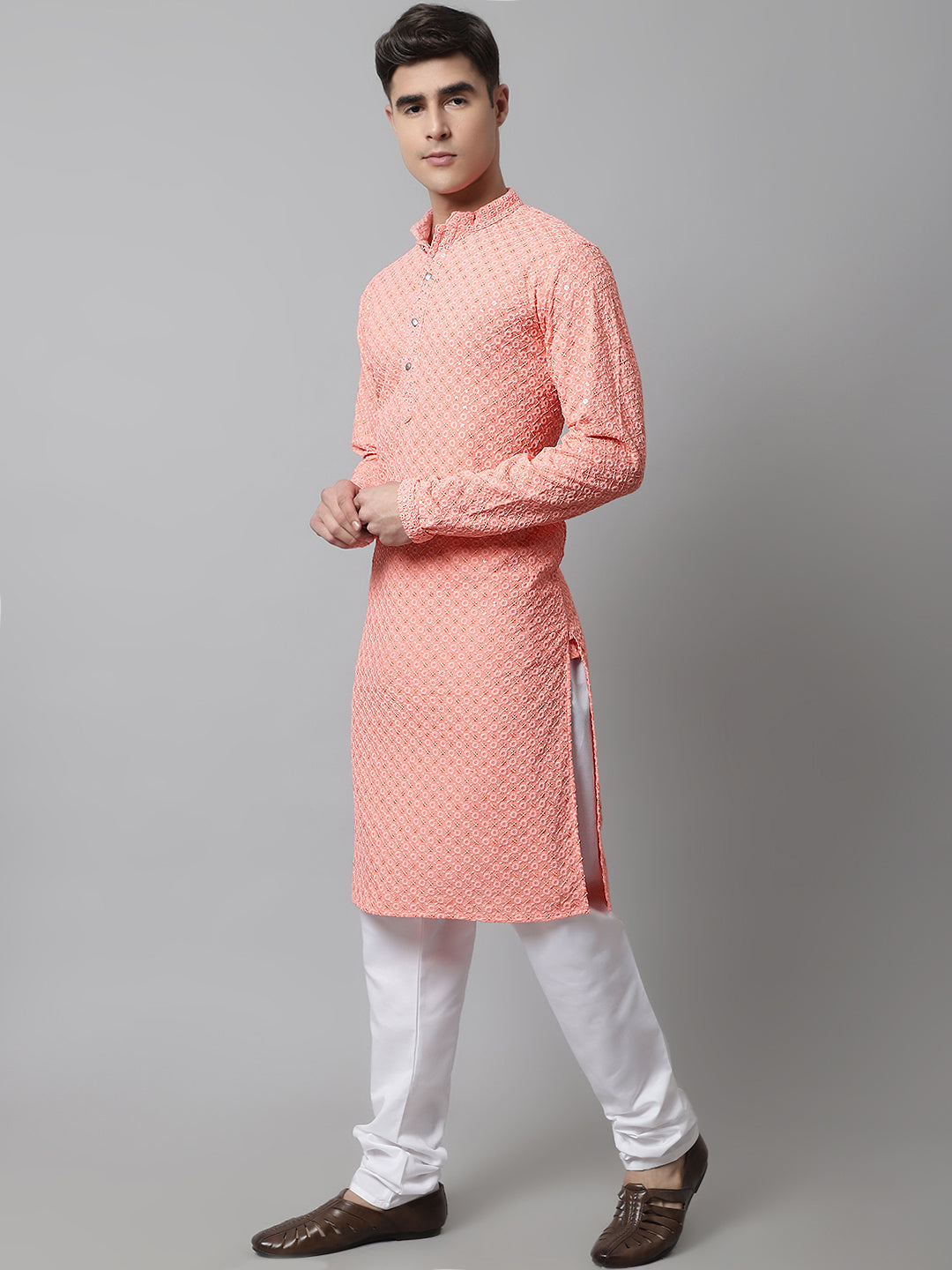 Jompers Men's Peach Chikankari Embroidered and Sequence Kurta