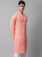 Jompers Men's Peach Chikankari Embroidered and Sequence Kurta