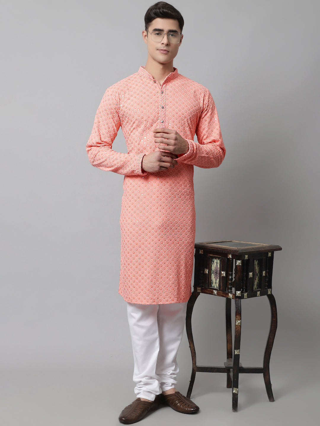 Jompers Men's Peach Chikankari Embroidered and Sequence Kurta