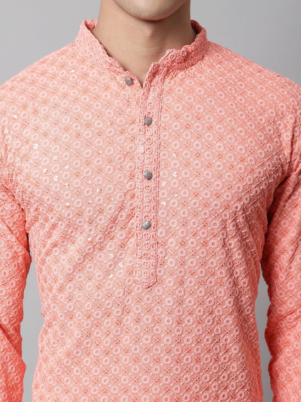 Jompers Men's Peach Chikankari Embroidered and Sequence Kurta