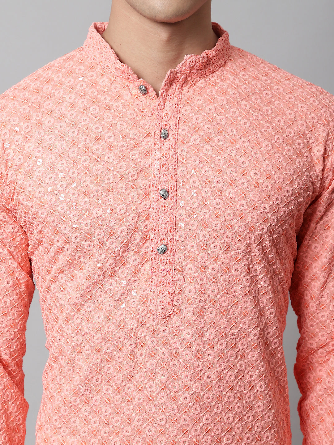 Jompers Men's Peach Chikankari Embroidered and Sequence Kurta