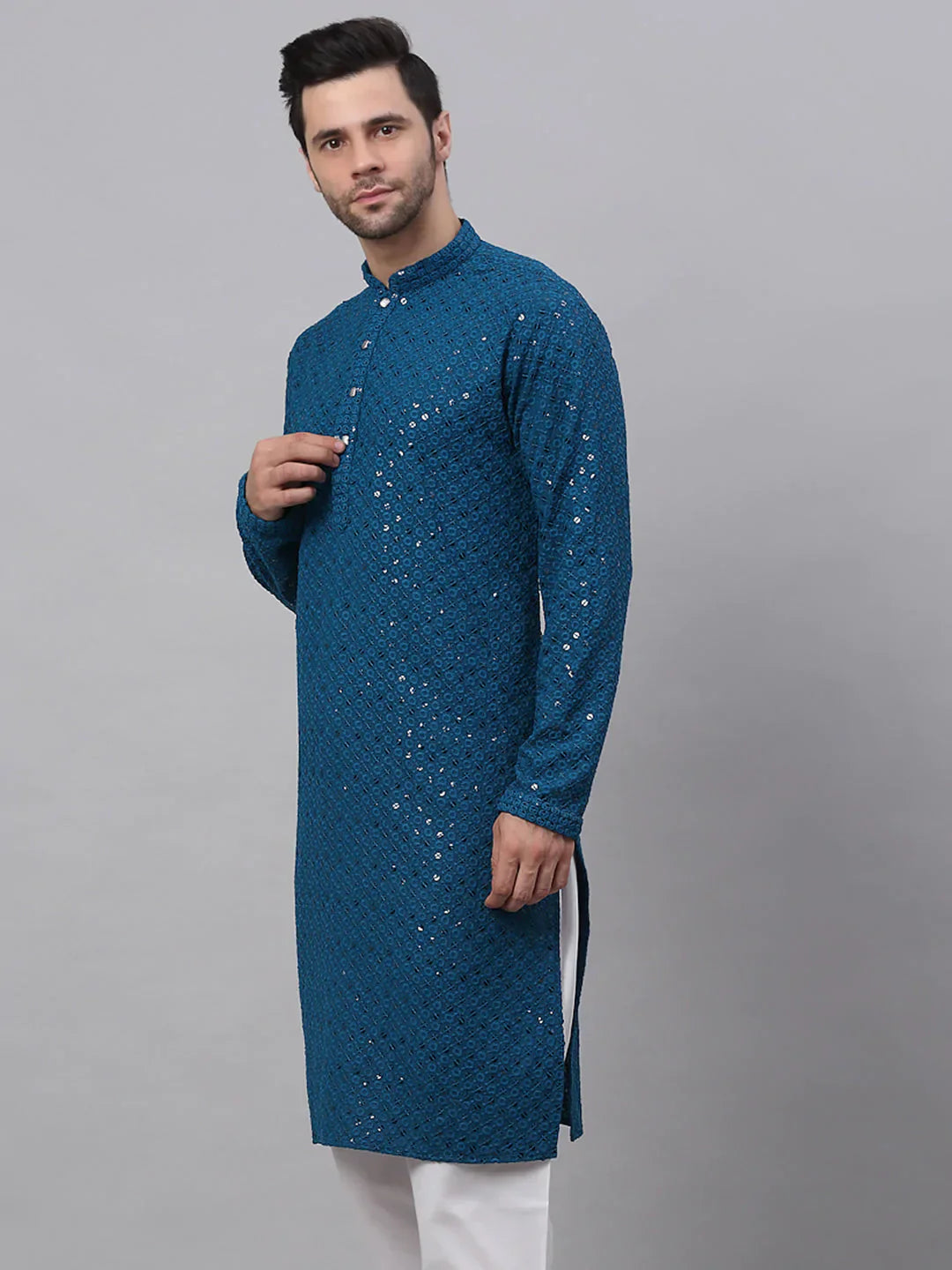 Jompers Men's Blue Chikankari Embroidered and Sequence Kurta Only