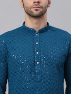 Jompers Men's Blue Chikankari Embroidered and Sequence Kurta Only