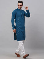Jompers Men's Blue Chikankari Embroidered and Sequence Kurta Only