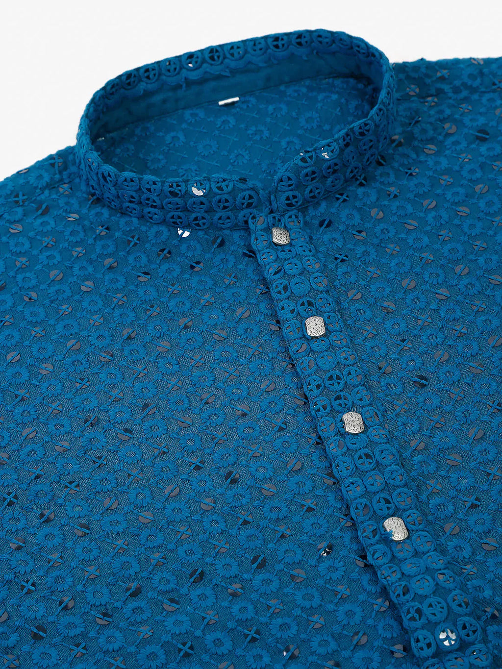 Jompers Men's Blue Chikankari Embroidered and Sequence Kurta Only