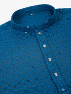 Jompers Men's Blue Chikankari Embroidered and Sequence Kurta Only