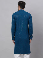 Jompers Men's Blue Chikankari Embroidered and Sequence Kurta Only