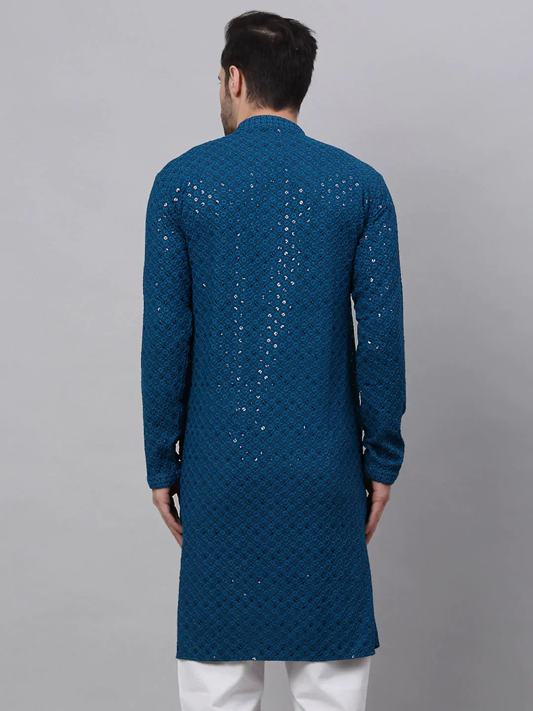 Jompers Men's Blue Chikankari Embroidered and Sequence Kurta Only