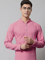 Jompers Men's Pink Chikankari Embroidered and Sequence Kurta