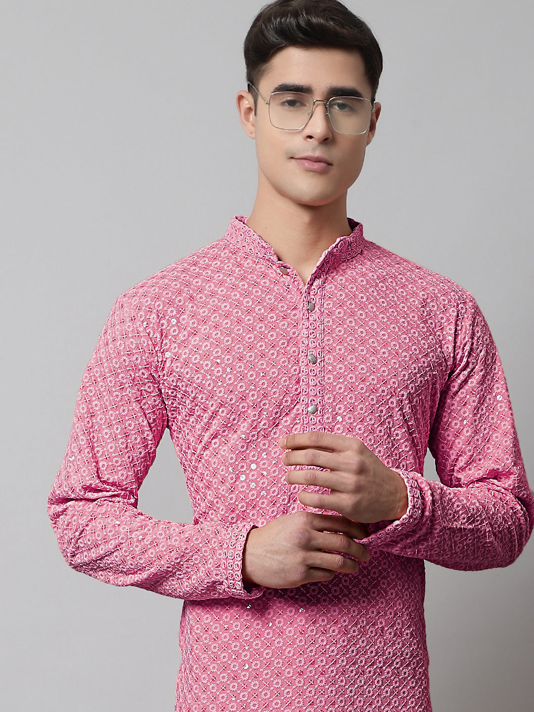 Jompers Men's Pink Chikankari Embroidered and Sequence Kurta