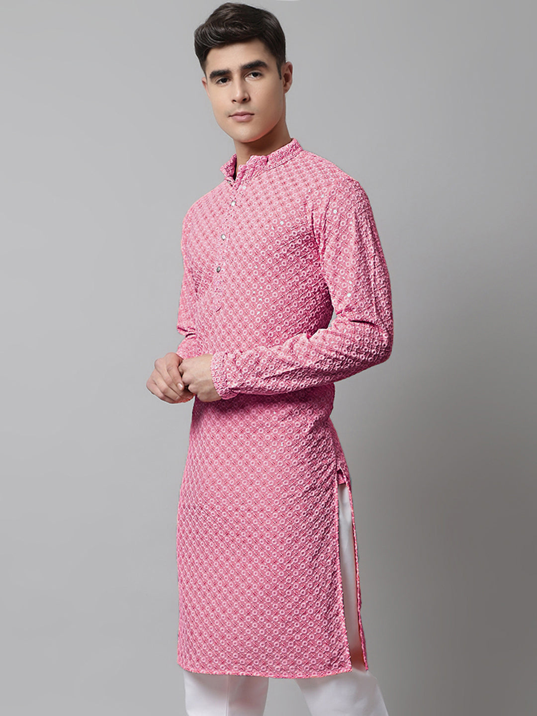 Jompers Men's Pink Chikankari Embroidered and Sequence Kurta