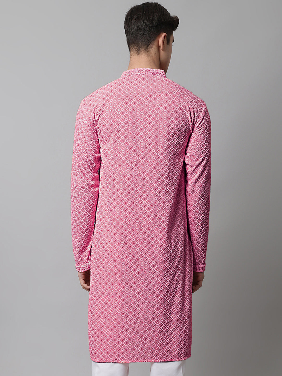 Jompers Men's Pink Chikankari Embroidered and Sequence Kurta