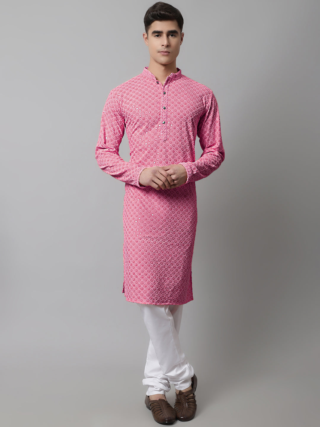 Jompers Men's Pink Chikankari Embroidered and Sequence Kurta