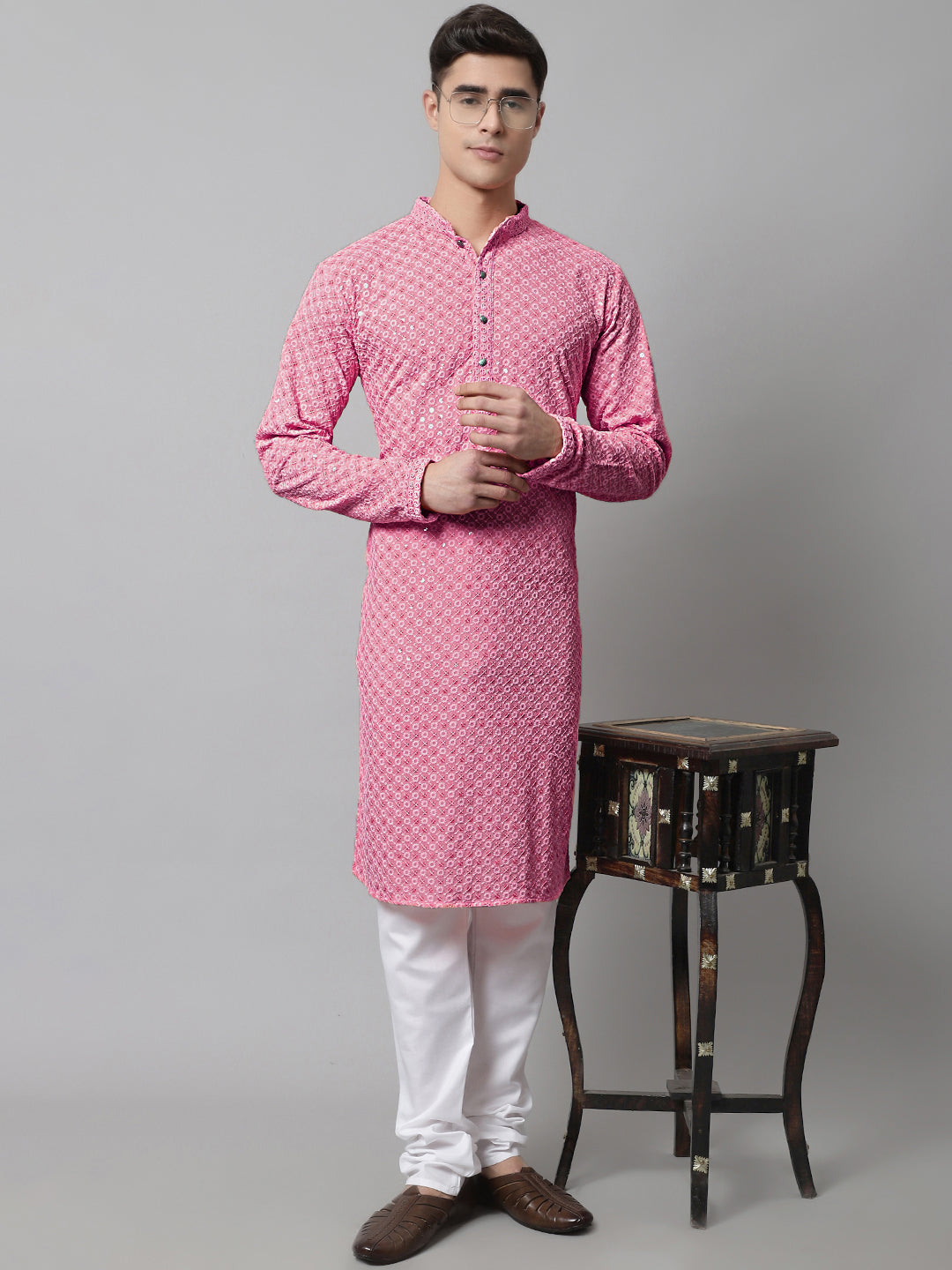 Jompers Men's Pink Chikankari Embroidered and Sequence Kurta