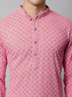 Jompers Men's Pink Chikankari Embroidered and Sequence Kurta
